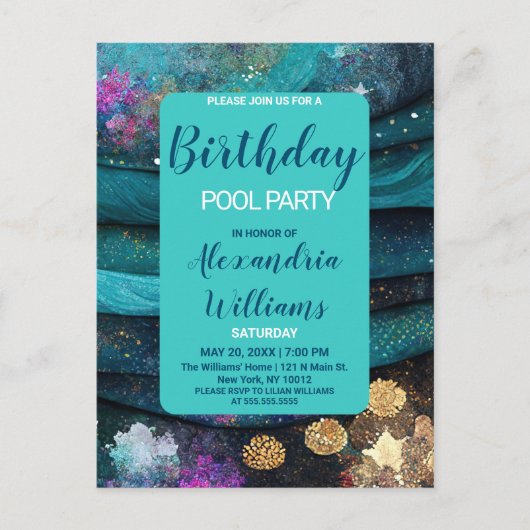 海航海のティール（緑がかった色）ピンク金ゴールドマーメイド誕生日 インビテーションポストカード (正面)