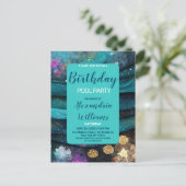 海航海のティール(緑がかった色)ピンク金ゴールドマーメイド誕生日 インビテーションポストカード (スタンド正面)