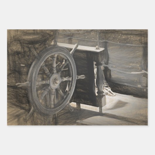 海航海のヴィンテージ海軍艦Sepia Costal Art ラッピングペーパーシート (正面3)