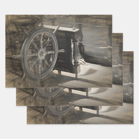 海航海のヴィンテージ海軍艦Sepia Costal Art ラッピングペーパーシート (セット)