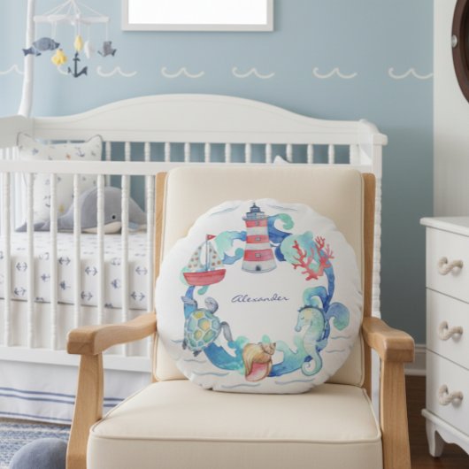 海航海の動物用ボートと灯台 ラウンドクッション