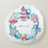 海航海の動物用ボートと灯台 ラウンドクッション (正面)