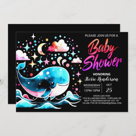 海航海の女の子の赤ちゃんシャワーの下でクジラ 招待状 (正面/裏面)