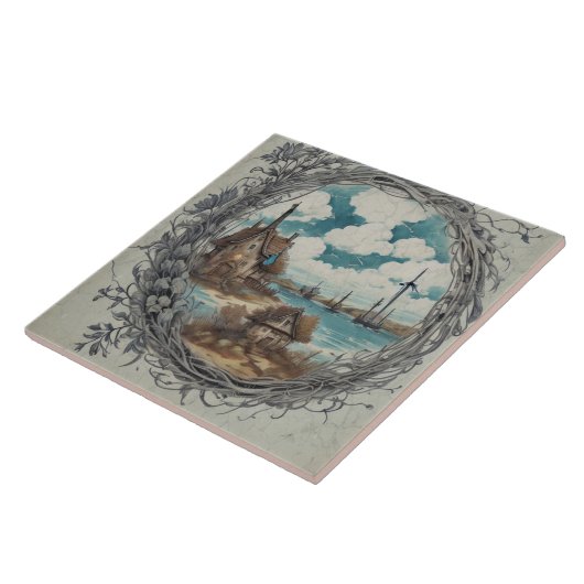 海航海の景の油彩画No10 タイル (側面)