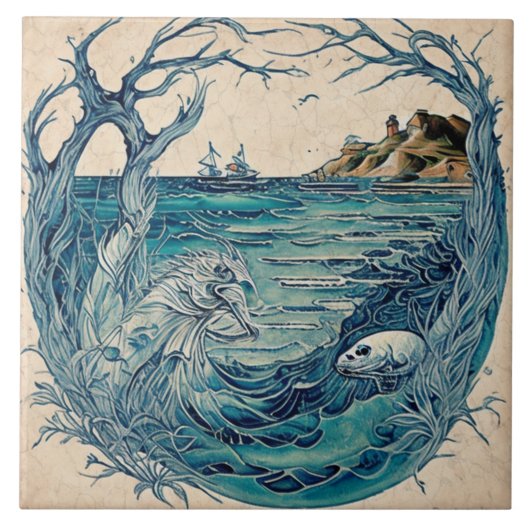 海航海の景の油彩画No17 タイル (正面)