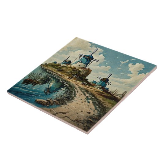 海航海の景の油絵No5 タイル (側面)