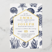 海航海の暗黒海軍ブルー金ゴールドホイル結婚ズ 箔招待状 (正面)