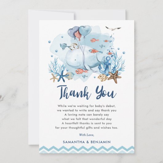 海航海の青の男の子の赤ちゃんのシャワーの下で鯨 サンキューカード (正面)