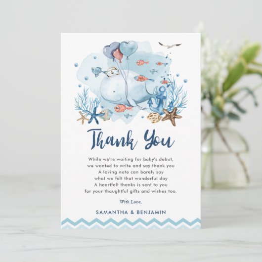 海航海の青の男の子の赤ちゃんのシャワーの下で鯨 サンキューカード (スタンド正面)
