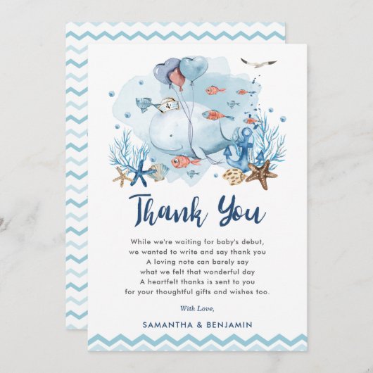 海航海の青の男の子の赤ちゃんのシャワーの下で鯨 サンキューカード (正面/裏面)