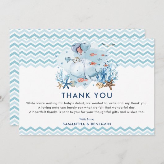 海航海の青の男の子の赤ちゃんのシャワーの下で鯨 サンキューカード (正面/裏面)