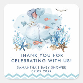 海航海の青の男の子の赤ちゃんのシャワーの下で鯨 スクエアシール