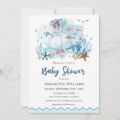 海航海の青の男の子の赤ちゃんのシャワーの下で鯨 招待状 (正面)