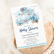 海航海の青の男の子の赤ちゃんのシャワーの下で鯨