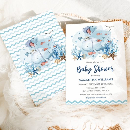 海航海の青の男の子の赤ちゃんのシャワーの下で鯨 招待状