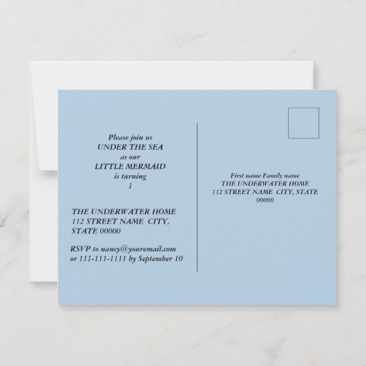海芸術的の下の人魚パーティー1歳の誕生日 招待状 (裏面)