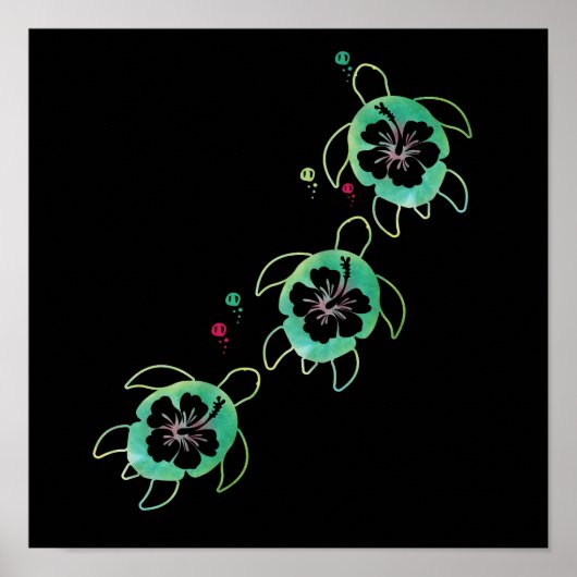 海芸術的亀ハイビスカスフラワーウォールアートキュート ポスター (正面)