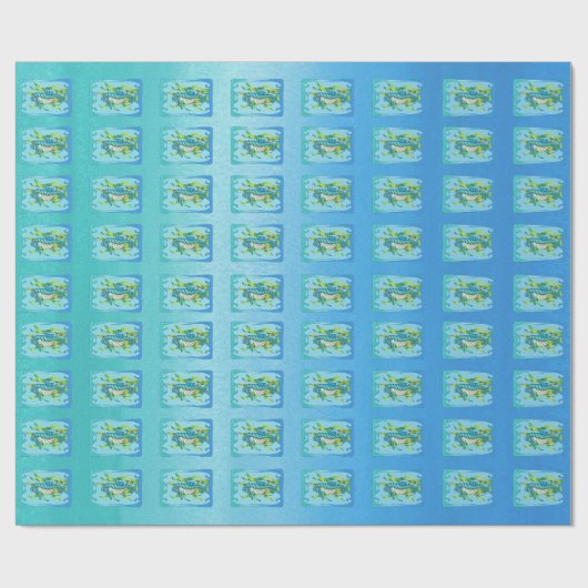 海苔の青い緑のフレームに海龍の生き物 ラッピングペーパー (フラット)