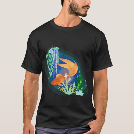 海草と金色の鯉のデザイン Tシャツ (正面)