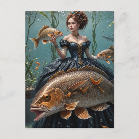 海藻に囲まれた女性と魚のファニー ファッション ポストカード (正面)