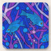 海藻に青い魚、水中アート紙コラージュ コースター (正面)