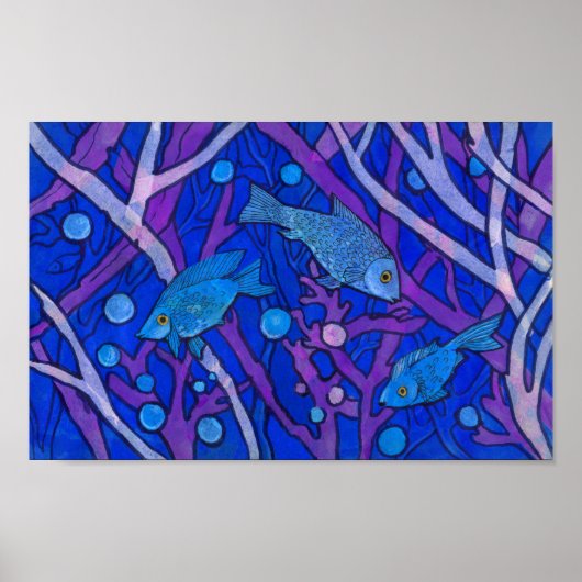 海藻に青い魚、水中アート紙コラージュ ポスター (正面)
