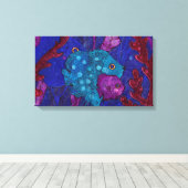 海藻の中の魚の家族、青と紫、水中 キャンバスプリント (インサイチュ (ウッドフロア))