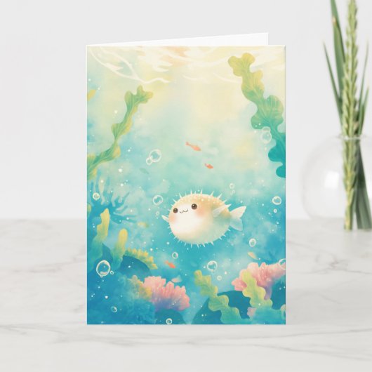 海藻の間を漂うフグ カード (正面)