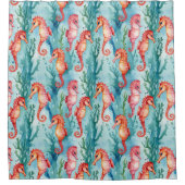 海藻や気泡を持つ海馬 シャワーカーテン (正面)