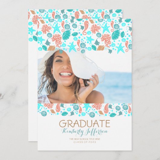 海財宝白ビーチ写真卒業パーティー 招待状 (正面/裏面)