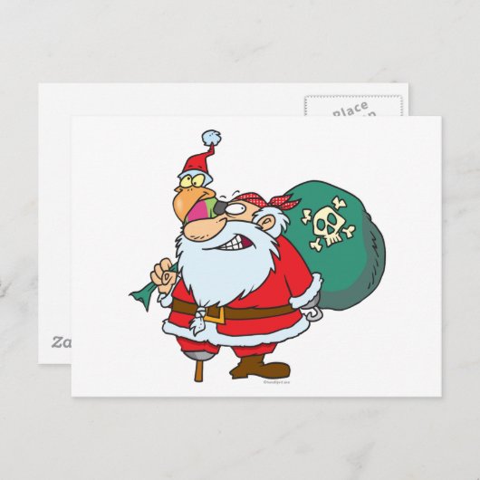 海賊おもしろいのサンタとクリスマスのオウム漫画 シーズンポストカード (正面/裏面)