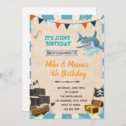 海賊とサメの誕生日パーティーの招待状 招待状 (正面/裏面)