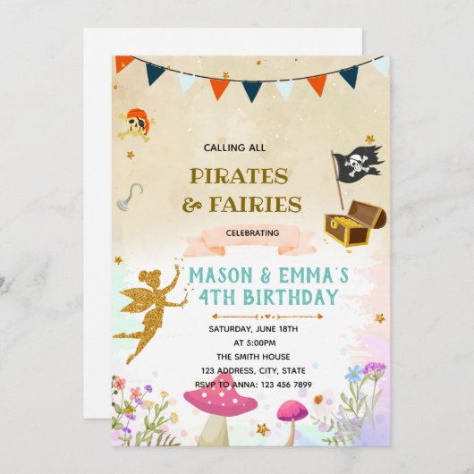 海賊と妖精の共同誕生日の招待状 招待状 (正面/裏面)