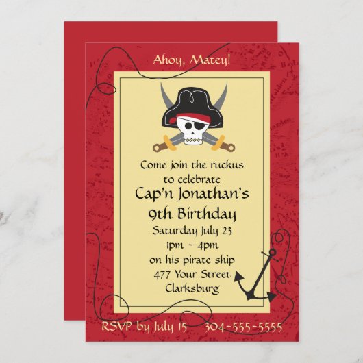 海賊のドクロと交差した剣の誕生日 招待状 (正面/裏面)