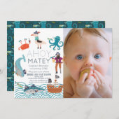 海賊の仲間たちと海洋動物の写真 1歳の誕生日 招待状 (正面/裏面)