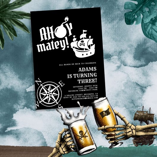海賊の仲間よ！黒い海賊船のコンパス誕生日 招待状