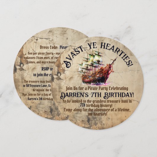 海賊の冒険が待っている ヴィンテージ船をテーマにしたパーティー 招待状 (正面/裏面)