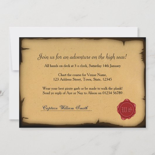 海賊の宝石地図の誕生日パーティーの招待 招待状 (裏面)