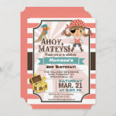 海賊の少女; コーラルピンクとブラウンの誕生日パーティー 招待状 (正面/裏面)