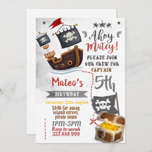 海賊の招待状 - 海賊の誕生日パーティー 招待状 (正面/裏面)
