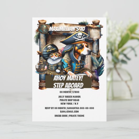 海賊の犬の猫の宝おもしろいの地図の誕生日テーマ 招待状 (スタンド正面)