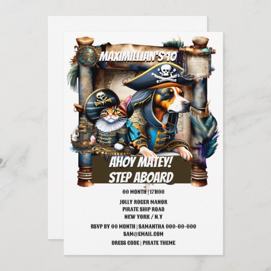 海賊の犬の猫の宝おもしろいの地図の誕生日テーマ 招待状 (正面/裏面)