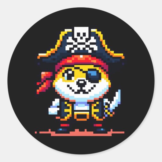 海賊の犬 – Pixel おもしろい Art Adventureデザイン ラウンドシール (正面)