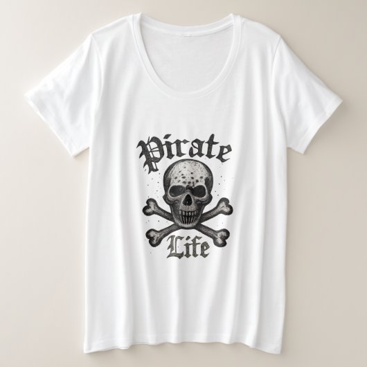 海賊の生活 ドクロと骨のグランジデザイン プラスサイズTシャツ (デザイン正面)