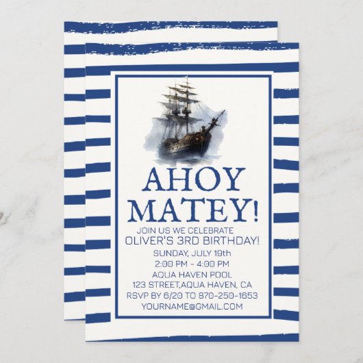海賊の誕生日パーティーへ出航！ ブラックパイレーツシップバースデー 招待状 (正面/裏面)