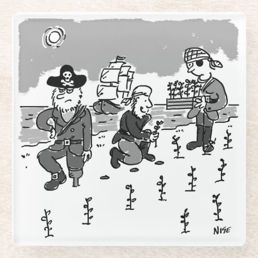 海賊は木製の脚を使ってガーデニングしている。おもしろい ガラスコースター (正面)