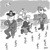 海賊は木製の脚を使ってガーデニングしている。おもしろい シール (正面)