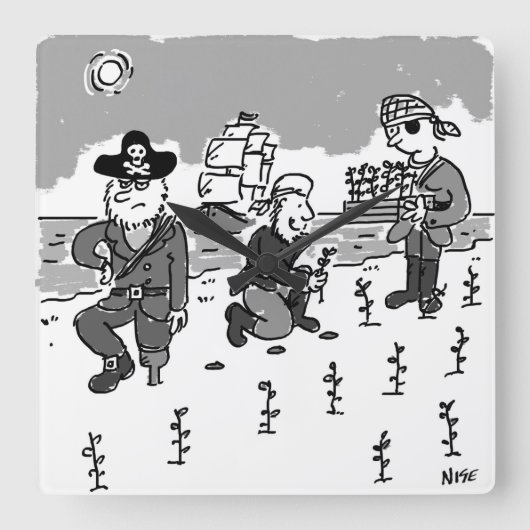 海賊は木製の脚を使ってガーデニングしている。おもしろい スクエア壁時計 (正面)