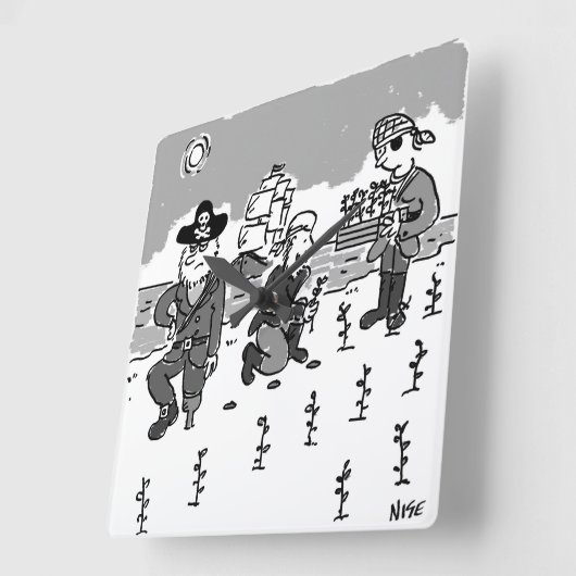 海賊は木製の脚を使ってガーデニングしている。おもしろい スクエア壁時計 (傾斜)