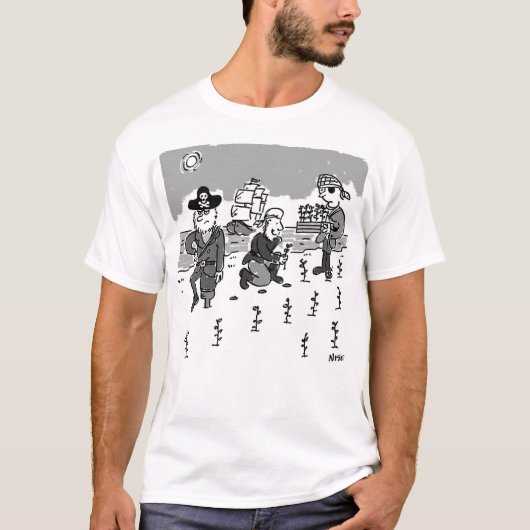海賊は木製の脚を使ってガーデニングしている。おもしろい Tシャツ (正面)